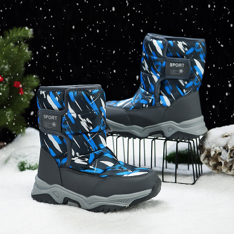 Ghete de zăpadă pentru copii - partea superioară din piele sintetică, căptușeală groasă din fleece, înălțime înaltă, închidere Velcro, talpă din cauciuc