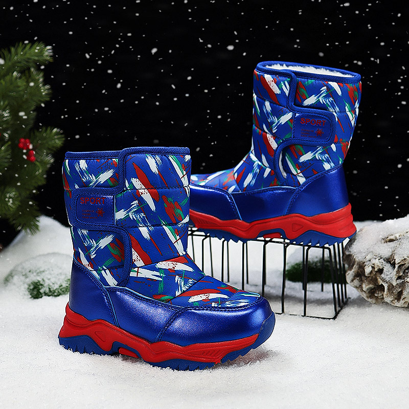 Ghete de zăpadă pentru copii - partea superioară din piele sintetică, căptușeală groasă din fleece, înălțime înaltă, închidere Velcro, talpă din cauciuc