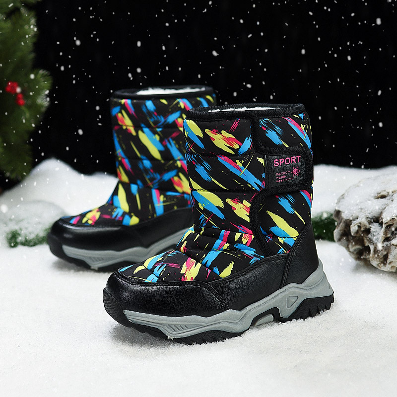 Ghete de zăpadă pentru copii - partea superioară din piele sintetică, căptușeală groasă din fleece, înălțime înaltă, închidere Velcro, talpă din cauciuc