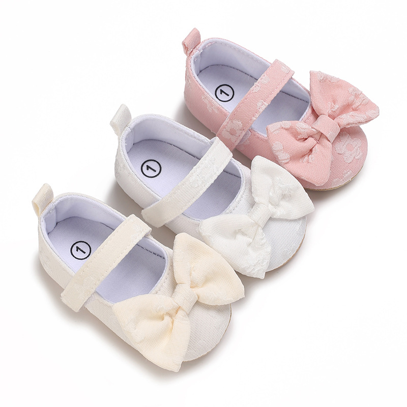 Pantofi pentru copii mici, fete, stil prințesă cu funda, închidere Velcro, partea superioară din bumbac, talpă moale