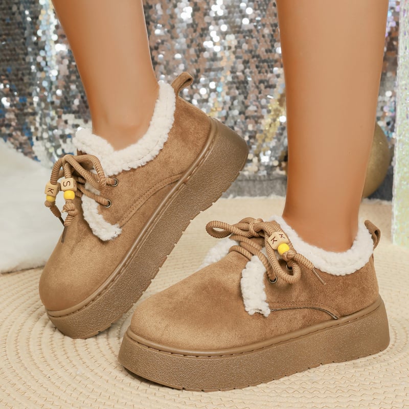 Λουφάρ με χοντρή πλατφόρμα, σουέτ επάνω, καουτσούκ σόλα, μπροστινά κορδόνια, επένδυση από συνθετική γούνα