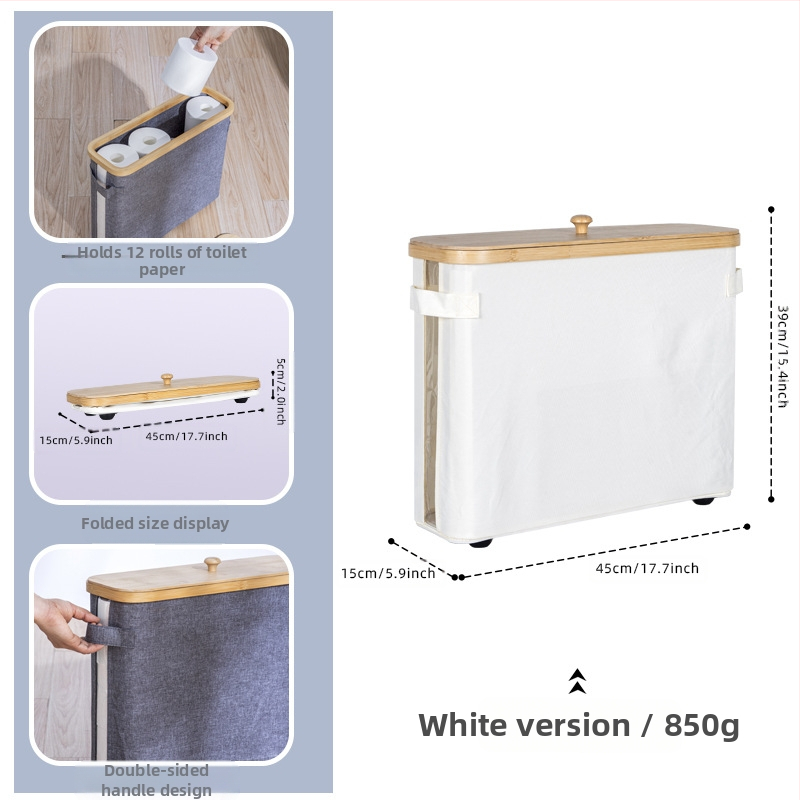 Coș de depozitare pentru role de șervețele, cu capac — Material: Nanzhu Bamboo + Oxford Cloth, pliabil, 24L