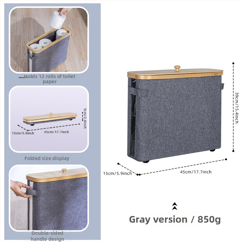 Coș de depozitare pentru role de șervețele, cu capac — Material: Nanzhu Bamboo + Oxford Cloth, pliabil, 24L