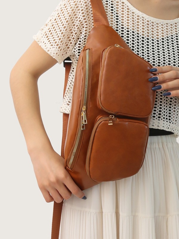 Geantă crossbody pentru femei, stil japonez casual, PU material, Primăvara 2025, Închidere cu fermoar, Interior cu buzunar cu fermoar și buzunar pentru ID, Exterior tridimensional, Brand Zhongzhuo