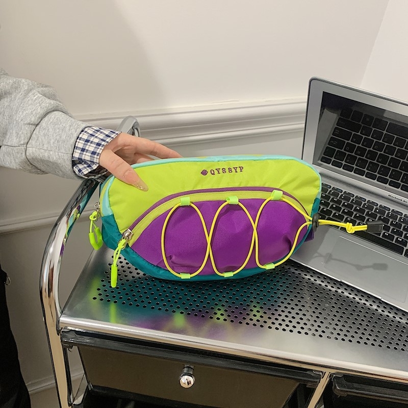 Crossbody juosmens krepšys sportui, patchwork dizainas, gatvės stilius, modelis QQ-7711, Oxford audinys, užtrauktuko atidarymas, paslėpta kišenė su užtrauktuku