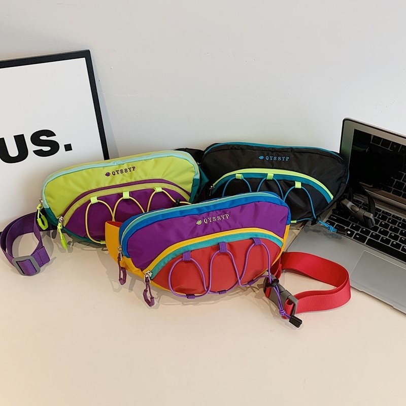 Crossbody juosmens krepšys sportui, patchwork dizainas, gatvės stilius, modelis QQ-7711, Oxford audinys, užtrauktuko atidarymas, paslėpta kišenė su užtrauktuku