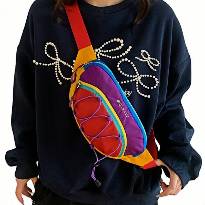 Crossbody juosmens krepšys sportui, patchwork dizainas, gatvės stilius, modelis QQ-7711, Oxford audinys, užtrauktuko atidarymas, paslėpta kišenė su užtrauktuku