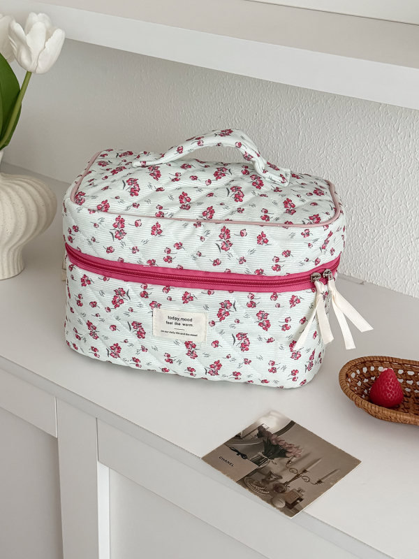 Corduroy kosmetinė rankinė su gėlių raštu, poliesterio pamušalas, unisex, kasdieniam naudojimui, 2025 m. rudens leidimas