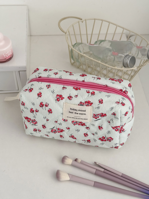 Corduroy kosmetinė rankinė su gėlių raštu, poliesterio pamušalas, unisex, kasdieniam naudojimui, 2025 m. rudens leidimas
