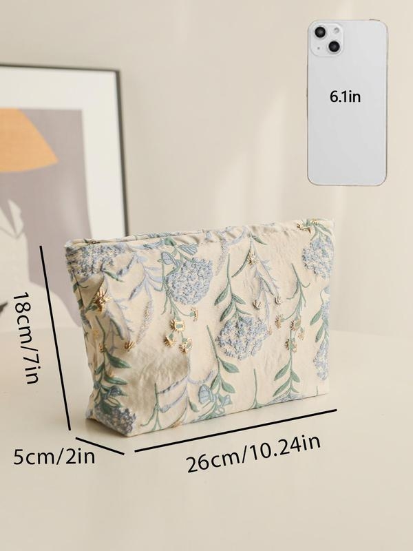 Kosmetinė rankinės su gėlių siuvinėjimu, didelė talpa, PU medžiaga, namų saugojimui, elegantiško brandos moters stilius