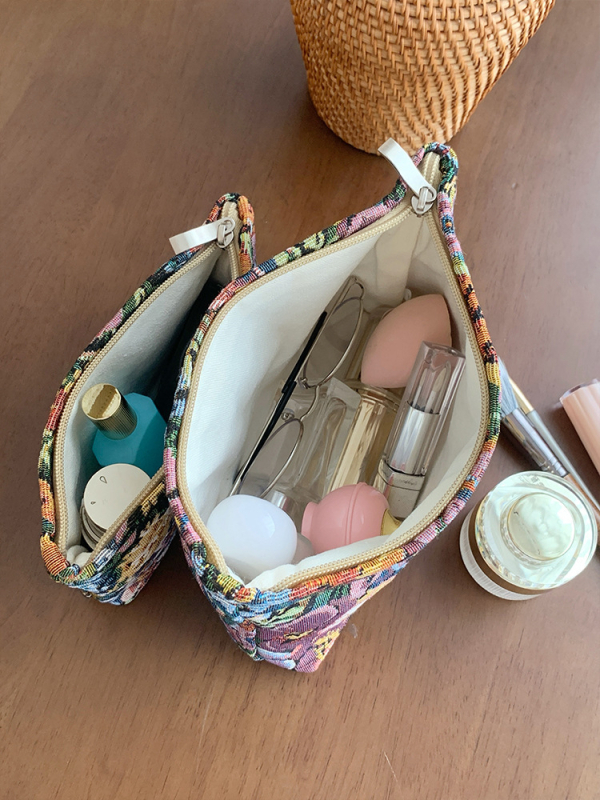 Geantă de make-up, exterior din pânză cu model în carouri, căptușeală din pânză, ultra-ușoară, pliabilă, unisex