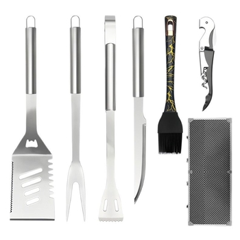 Σετ εργαλείων μπάρμπεκιου για εξωτερικούς χώρους με λαβές από σωληνωτό ανοξείδωτο ατσάλι: πιρούνι, σπατούλα και κλιπ σε αλουμινένιο κουτί