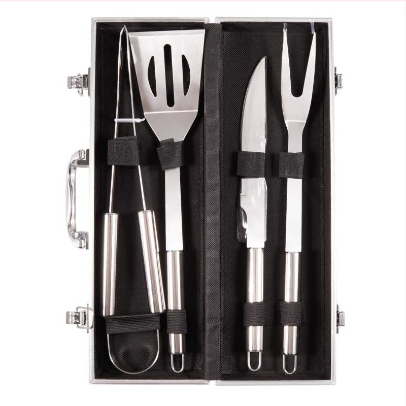Σετ εργαλείων μπάρμπεκιου για εξωτερικούς χώρους με λαβές από σωληνωτό ανοξείδωτο ατσάλι: πιρούνι, σπατούλα και κλιπ σε αλουμινένιο κουτί