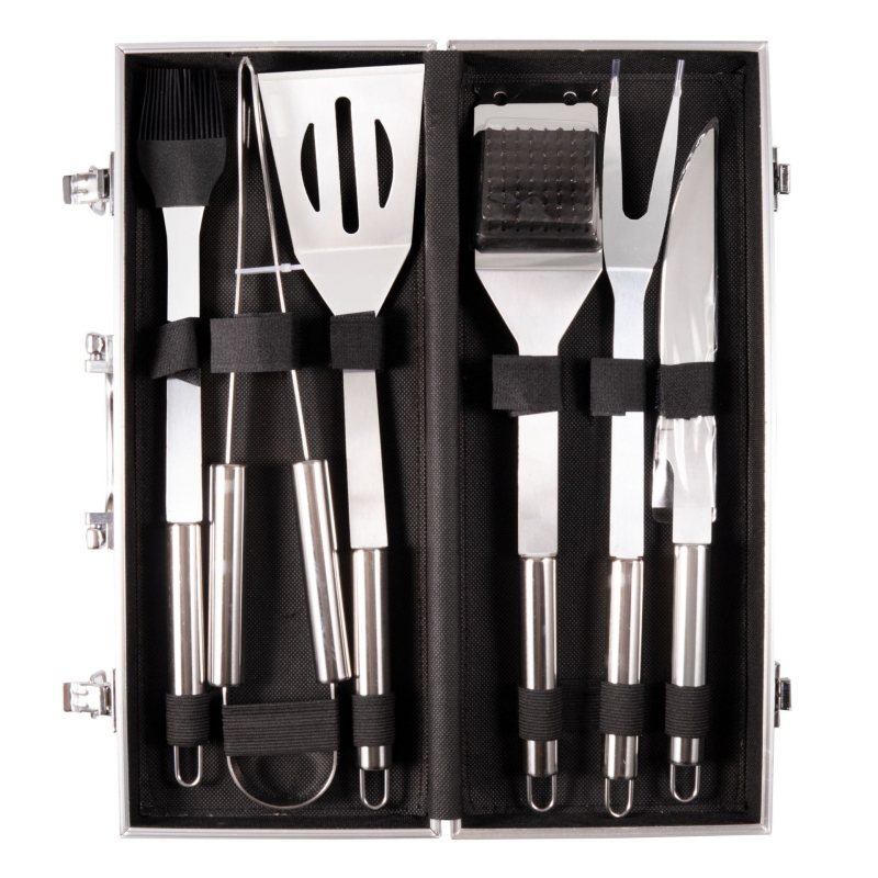 Σετ εργαλείων μπάρμπεκιου για εξωτερικούς χώρους με λαβές από σωληνωτό ανοξείδωτο ατσάλι: πιρούνι, σπατούλα και κλιπ σε αλουμινένιο κουτί
