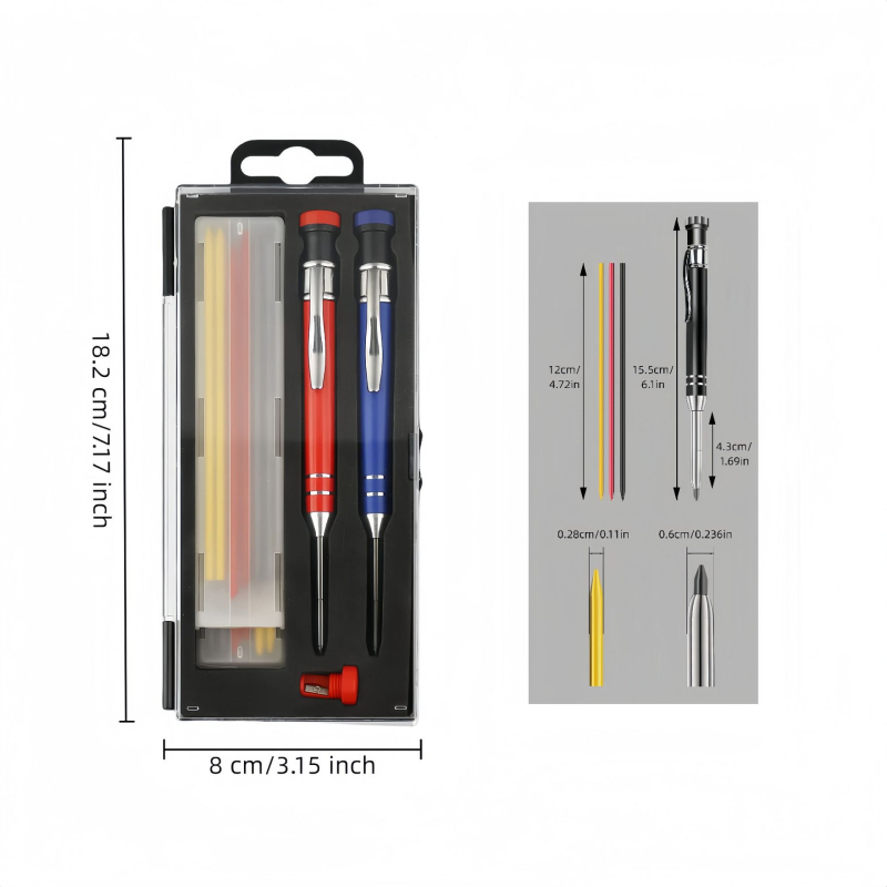 Mechanikus asztalos ceruza, készlet dobozban, ötvözet test, faipari felhasználásra, élezés nélkül.