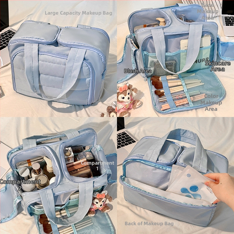 Cestovná kozmetická taška — moderný minimalistický štýl, taška v tvare kabelky, priedušný dizajn, veľká kapacita s priehradkami na kozmetiku a toaletné potreby, na cesty