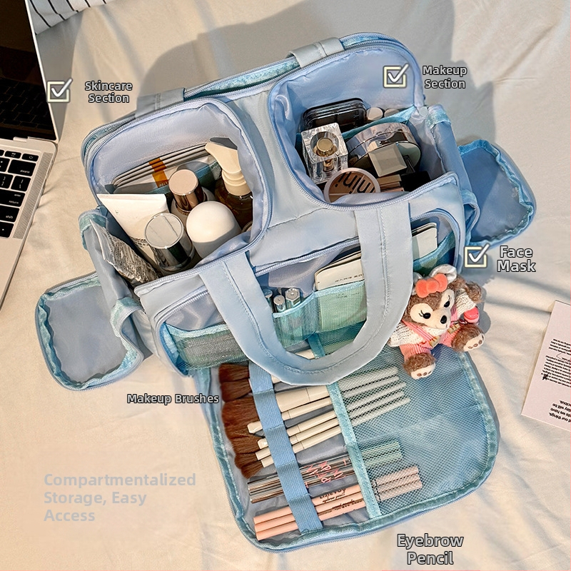 Cestovná kozmetická taška — moderný minimalistický štýl, taška v tvare kabelky, priedušný dizajn, veľká kapacita s priehradkami na kozmetiku a toaletné potreby, na cesty