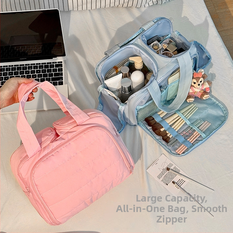 Cestovná kozmetická taška — moderný minimalistický štýl, taška v tvare kabelky, priedušný dizajn, veľká kapacita s priehradkami na kozmetiku a toaletné potreby, na cesty