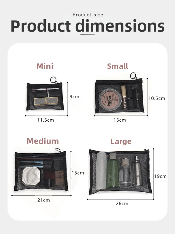 Make-up taška s veľkou kapacitou, sieťovinová konštrukcia, priedušný dizajn, podšívka z polyesteru, úložisko na rúže