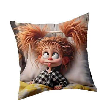 Калъф за възглавница с мотив на карикатурно момиче, серия Животни, къс плюш (№5637; Материал: къс плюш; Стил: модерен минимализъм; Пространство: всекидневна)