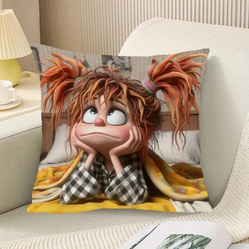 Spilvena vāciņš ar karikatūras meitenes motīvu, Dzīvnieku sērija, īss pūšļains materiāls (Produkta numurs: 5637; Materiāls: īss pūšļains; Stils: Mūsdienīgs minimālisms; Telpa: dzīvojamā istaba)