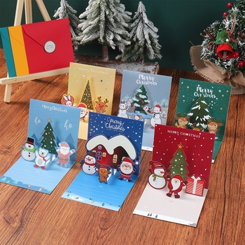 3D Χριστουγεννιάτικη ευχετήρια κάρτα με χιονάνθρωπο, τάρανδο και Gingerbread Man – χαρτόνι, εκτύπωση, Χριστούγεννα και Ημέρα του Παιδιού, απαλό χαριτωμένο στυλ