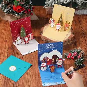 3D Χριστουγεννιάτικη ευχετήρια κάρτα με χιονάνθρωπο, τάρανδο και Gingerbread Man – χαρτόνι, εκτύπωση, Χριστούγεννα και Ημέρα του Παιδιού, απαλό χαριτωμένο στυλ
