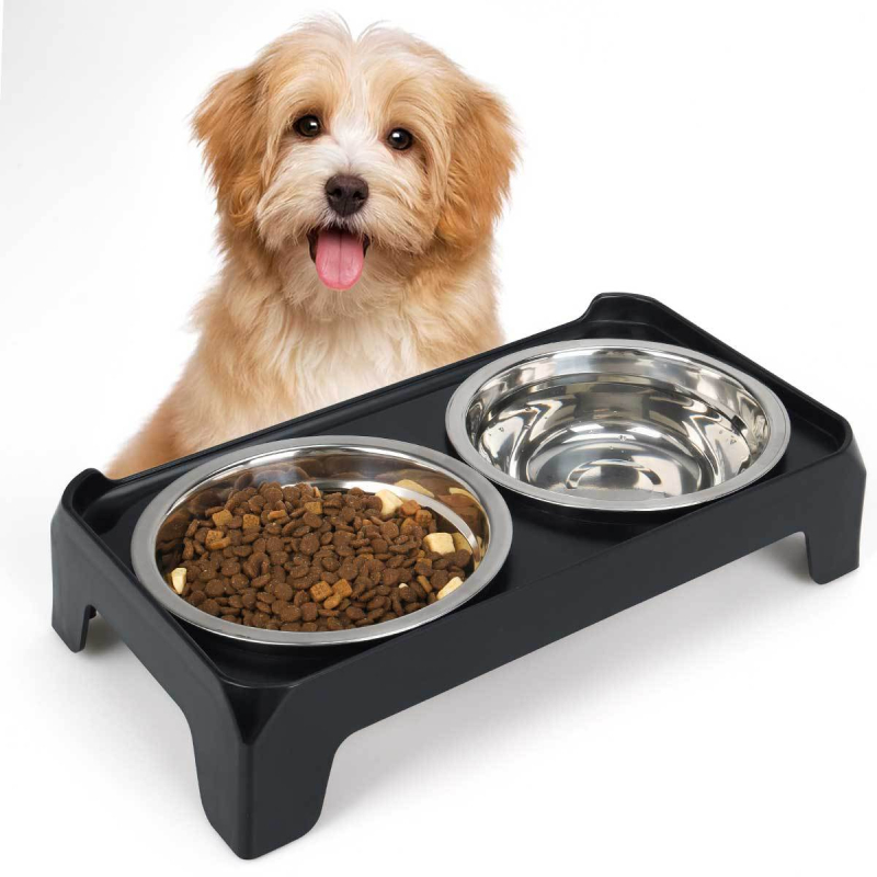 Rozsdamentes acélból készült kettős etetőtál állvánnyal, magas lábú, fröccsenés elleni, kutyáknak és macskáknak