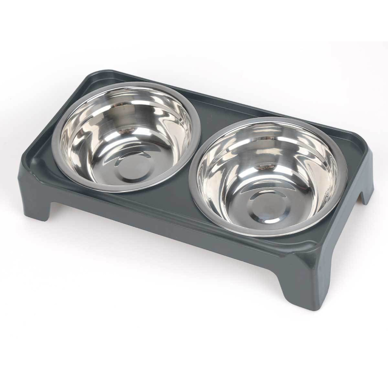 Rozsdamentes acélból készült kettős etetőtál állvánnyal, magas lábú, fröccsenés elleni, kutyáknak és macskáknak