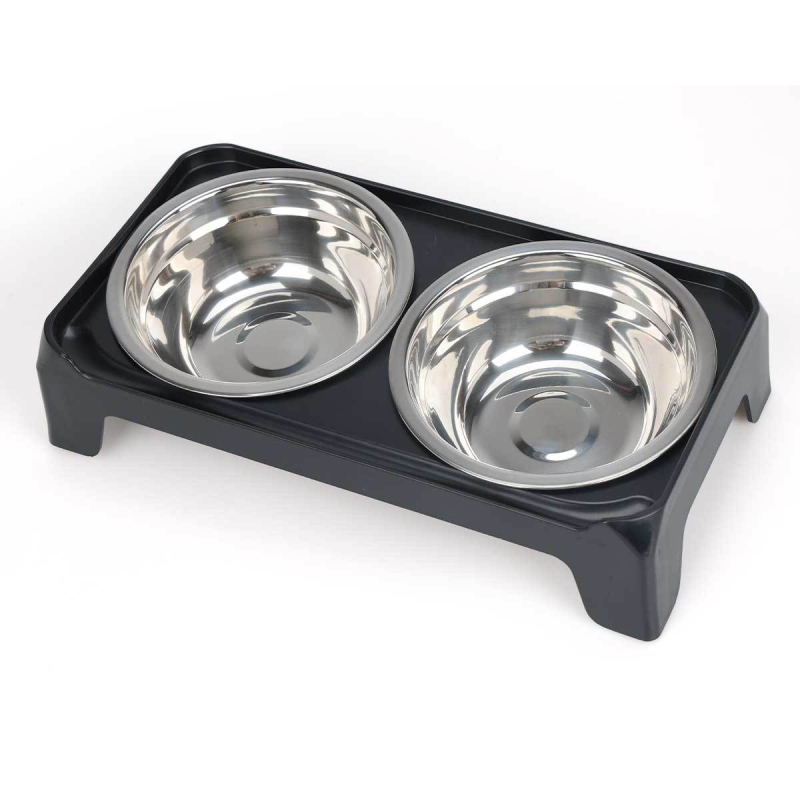 Rozsdamentes acélból készült kettős etetőtál állvánnyal, magas lábú, fröccsenés elleni, kutyáknak és macskáknak