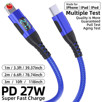 USB-C към Lightning кабел за Apple с LED дисплей за мощност, 9V3A, PD 27W, плетен кабел