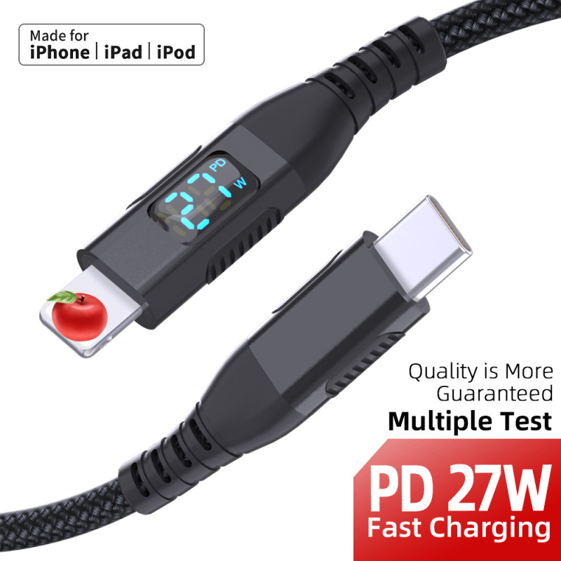Καλώδιο USB-C προς Lightning για Apple με LED οθόνη ισχύος, 9V3A, PD 27W, πλεκτό καλώδιο