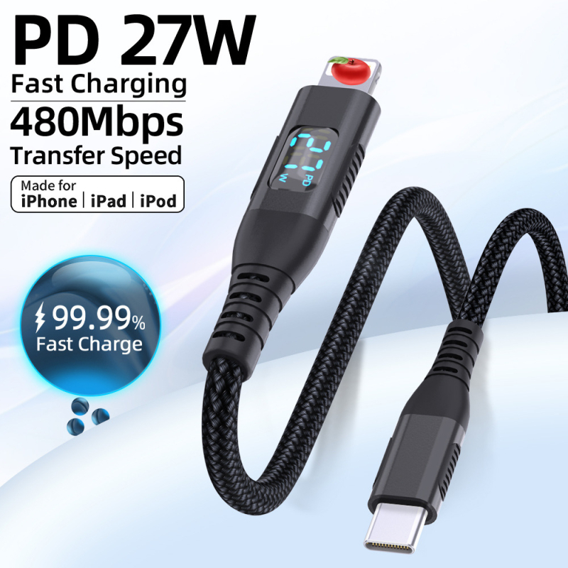 Καλώδιο USB-C προς Lightning για Apple με LED οθόνη ισχύος, 9V3A, PD 27W, πλεκτό καλώδιο