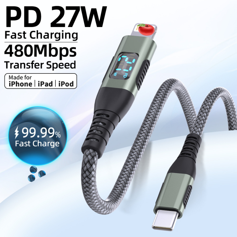 Καλώδιο USB-C προς Lightning για Apple με LED οθόνη ισχύος, 9V3A, PD 27W, πλεκτό καλώδιο