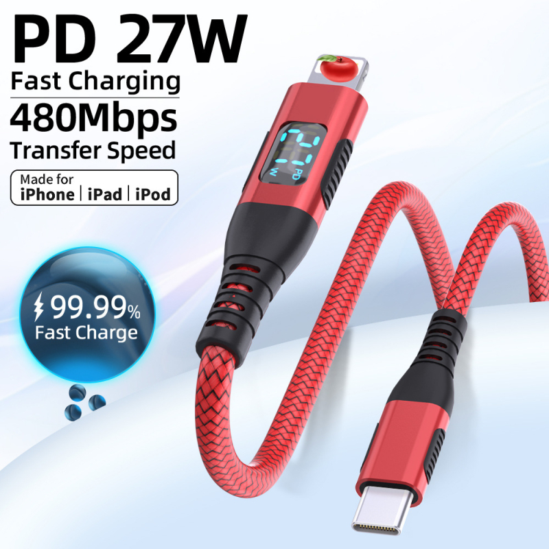 Καλώδιο USB-C προς Lightning για Apple με LED οθόνη ισχύος, 9V3A, PD 27W, πλεκτό καλώδιο