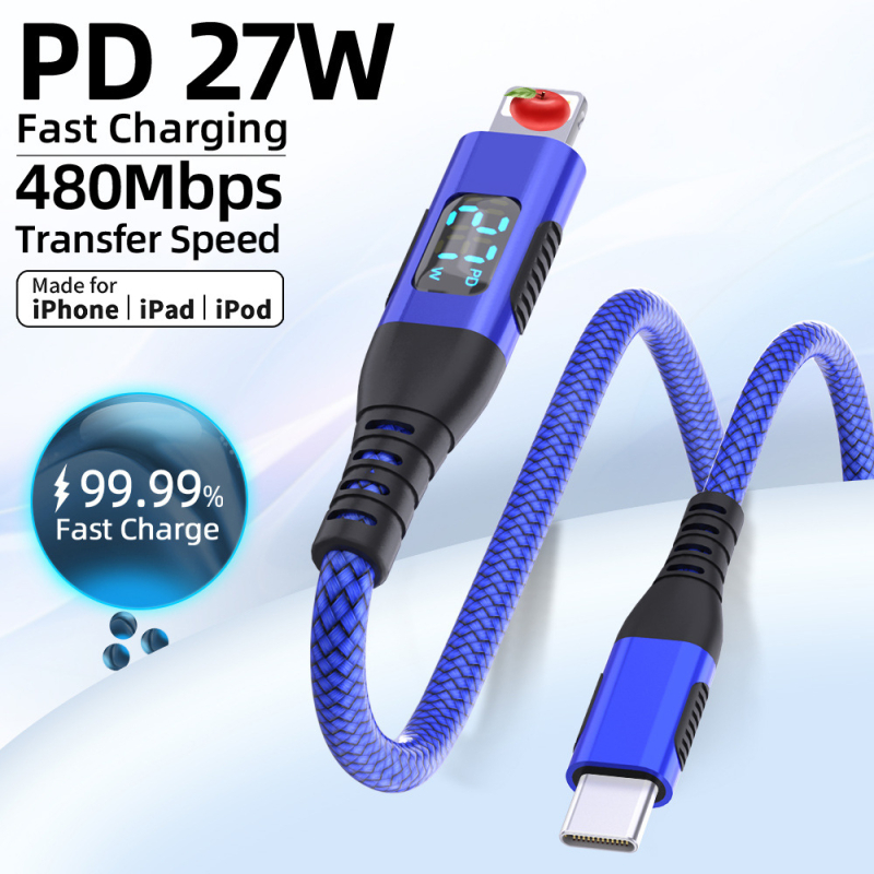 Καλώδιο USB-C προς Lightning για Apple με LED οθόνη ισχύος, 9V3A, PD 27W, πλεκτό καλώδιο