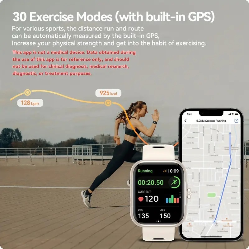 Ceas inteligent pentru sporturi și drumeții cu monitorizare ritm cardiac, număr pași, monitorizare somn, detecție oxigen în sânge și apeluri Bluetooth