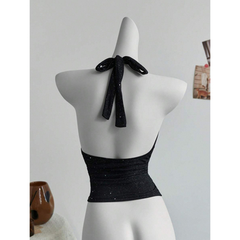 Top cu bretele încrucișate la spate, croi Slim Fit; țesătură bumbac-lîn; fibră Vinylon 1%; vară 2023; stil ușor de afaceri; model: logo