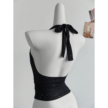 Top cu bretele încrucișate la spate, croi Slim Fit; țesătură bumbac-lîn; fibră Vinylon 1%; vară 2023; stil ușor de afaceri; model: logo