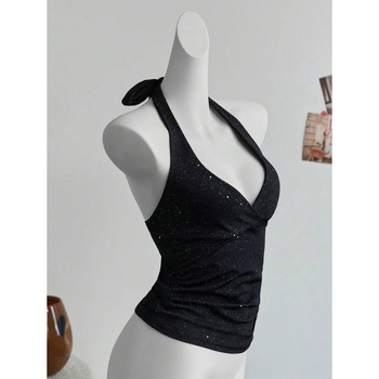 Top cu bretele încrucișate la spate, croi Slim Fit; țesătură bumbac-lîn; fibră Vinylon 1%; vară 2023; stil ușor de afaceri; model: logo