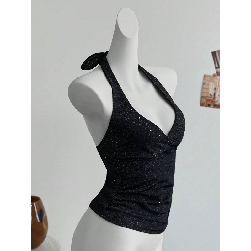 Top cu bretele încrucișate la spate, croi Slim Fit; țesătură bumbac-lîn; fibră Vinylon 1%; vară 2023; stil ușor de afaceri; model: logo