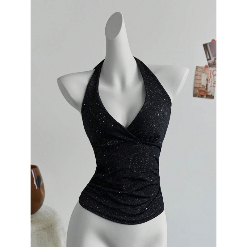 Top cu bretele încrucișate la spate, croi Slim Fit; țesătură bumbac-lîn; fibră Vinylon 1%; vară 2023; stil ușor de afaceri; model: logo