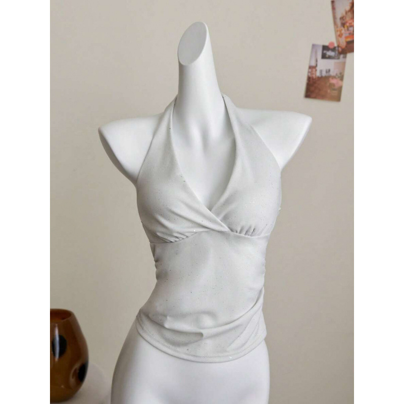 Top cu bretele încrucișate la spate, croi Slim Fit; țesătură bumbac-lîn; fibră Vinylon 1%; vară 2023; stil ușor de afaceri; model: logo