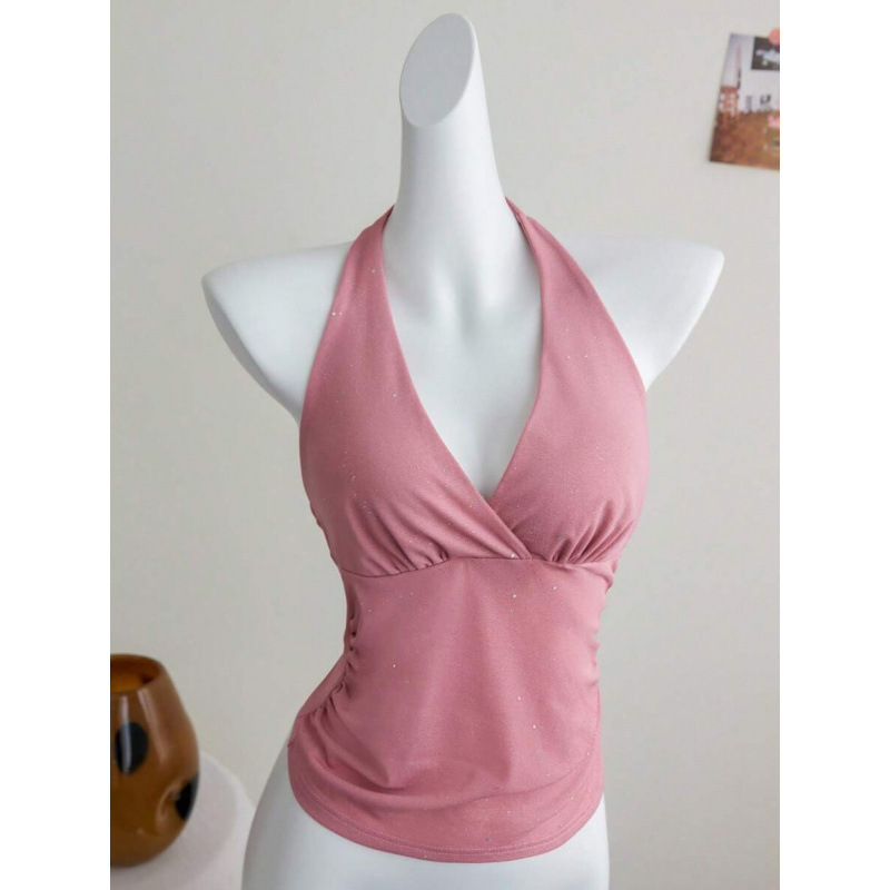 Top cu bretele încrucișate la spate, croi Slim Fit; țesătură bumbac-lîn; fibră Vinylon 1%; vară 2023; stil ușor de afaceri; model: logo