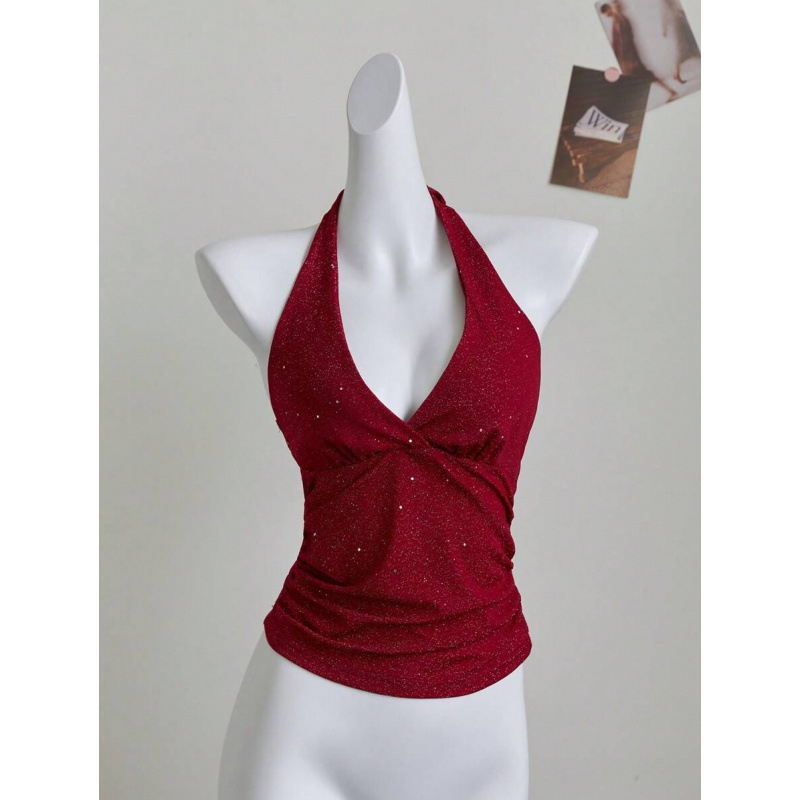 Top cu bretele încrucișate la spate, croi Slim Fit; țesătură bumbac-lîn; fibră Vinylon 1%; vară 2023; stil ușor de afaceri; model: logo