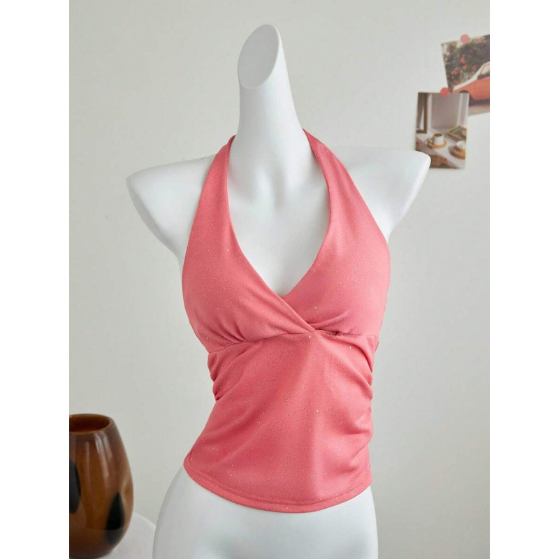 Top cu bretele încrucișate la spate, croi Slim Fit; țesătură bumbac-lîn; fibră Vinylon 1%; vară 2023; stil ușor de afaceri; model: logo