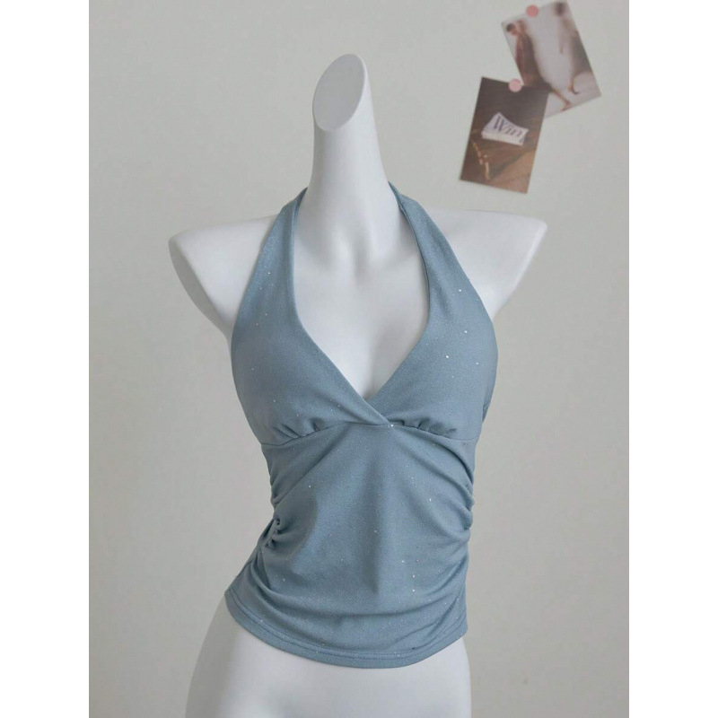 Top cu bretele încrucișate la spate, croi Slim Fit; țesătură bumbac-lîn; fibră Vinylon 1%; vară 2023; stil ușor de afaceri; model: logo