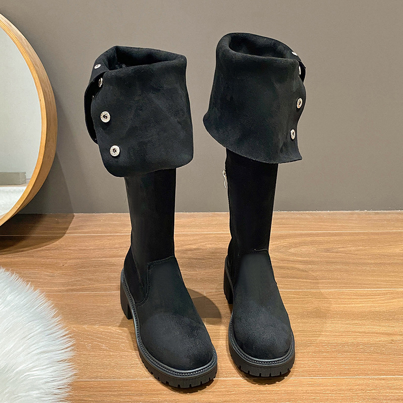 Cizme peste genunchi din nubuk pentru femei – vârf rotund, toc 3–5 cm, fermoar