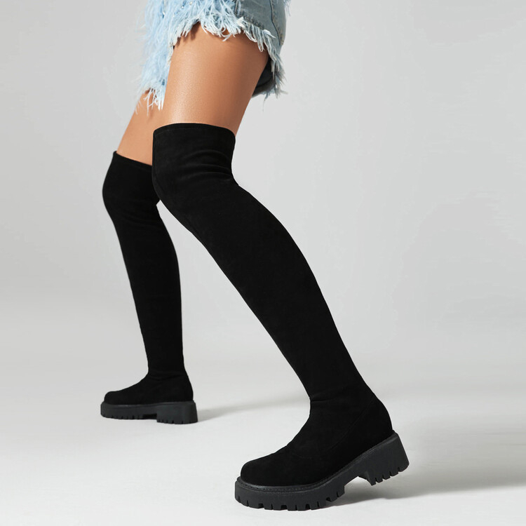 Cizme peste genunchi cu talpă groasă, PU partea superioară, talpă din cauciuc, vârf rotund