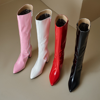 Botosei femei fashion cu tibie înaltă, vârf pătrat și toc gros (Material Superior: PU; Talpă: Cauciuc; Fermoar spate; Vârf pătrat; Toc gros)